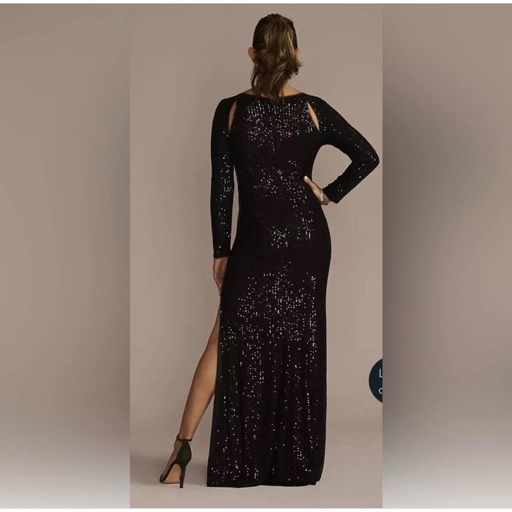 Black Sequin Long Sleeve Maxi Dress Shoulder Cut Out Side Slit Formal Gown - Picture 2 of 16